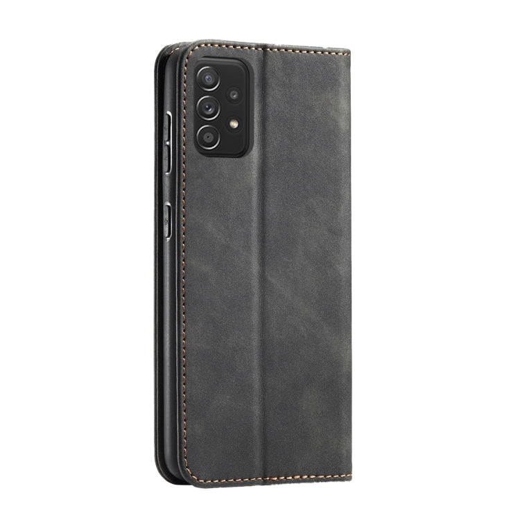 For Samsung Galaxy A52 Skin-feel Calfskin Texture Magnetic Dual-Fold Horizontal Flip Leather Case with Holder & Card Slots & Wallet