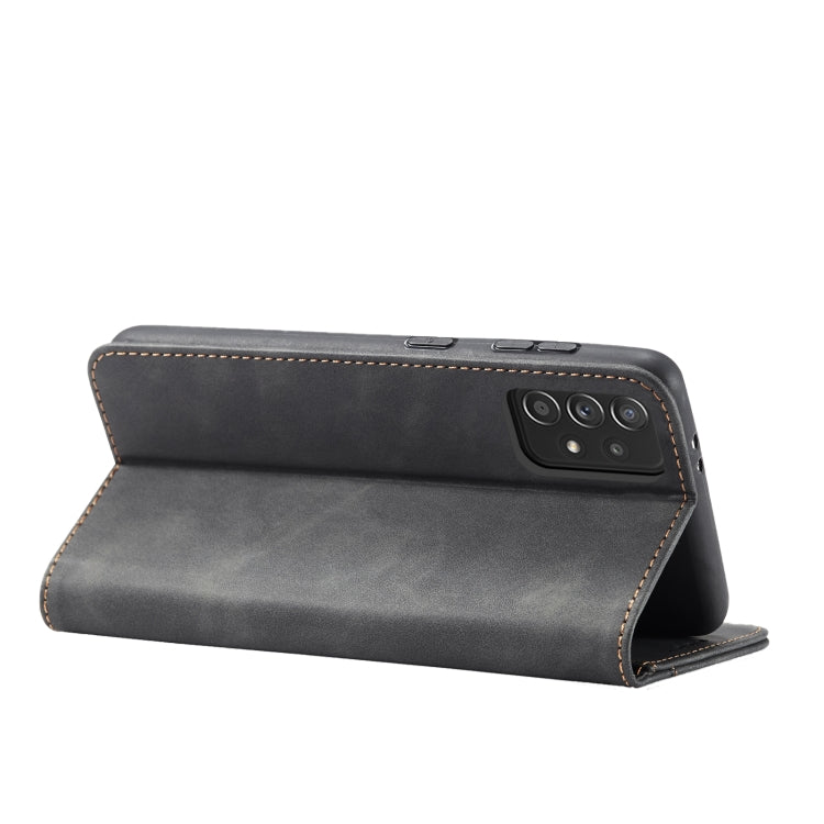 For Samsung Galaxy A52 Skin-feel Calfskin Texture Magnetic Dual-Fold Horizontal Flip Leather Case with Holder & Card Slots & Wallet
