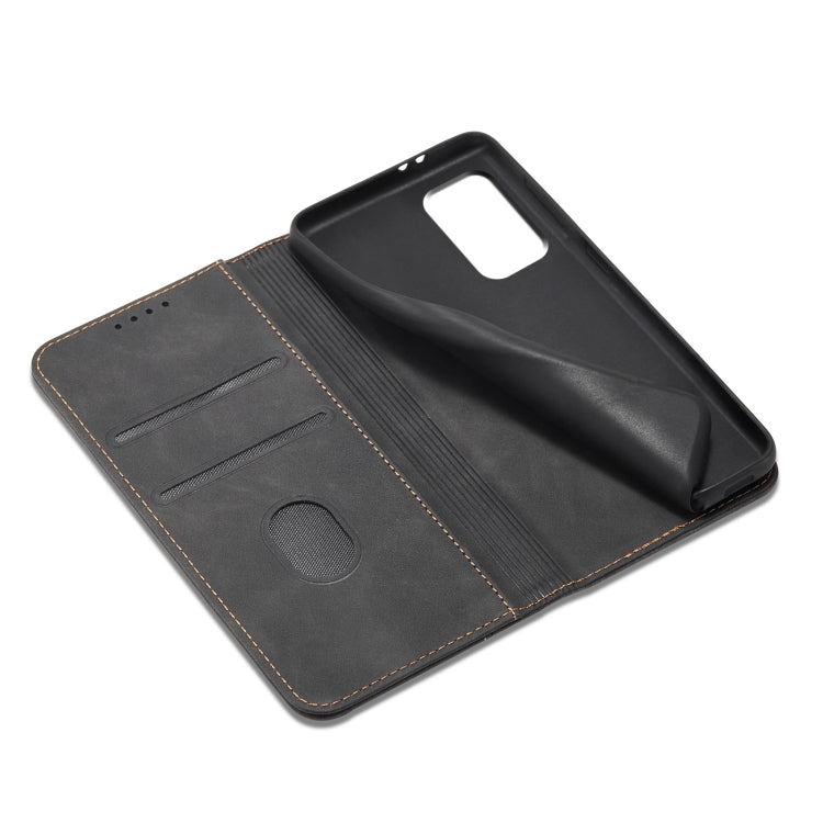 For Samsung Galaxy A52 Skin-feel Calfskin Texture Magnetic Dual-Fold Horizontal Flip Leather Case with Holder & Card Slots & Wallet