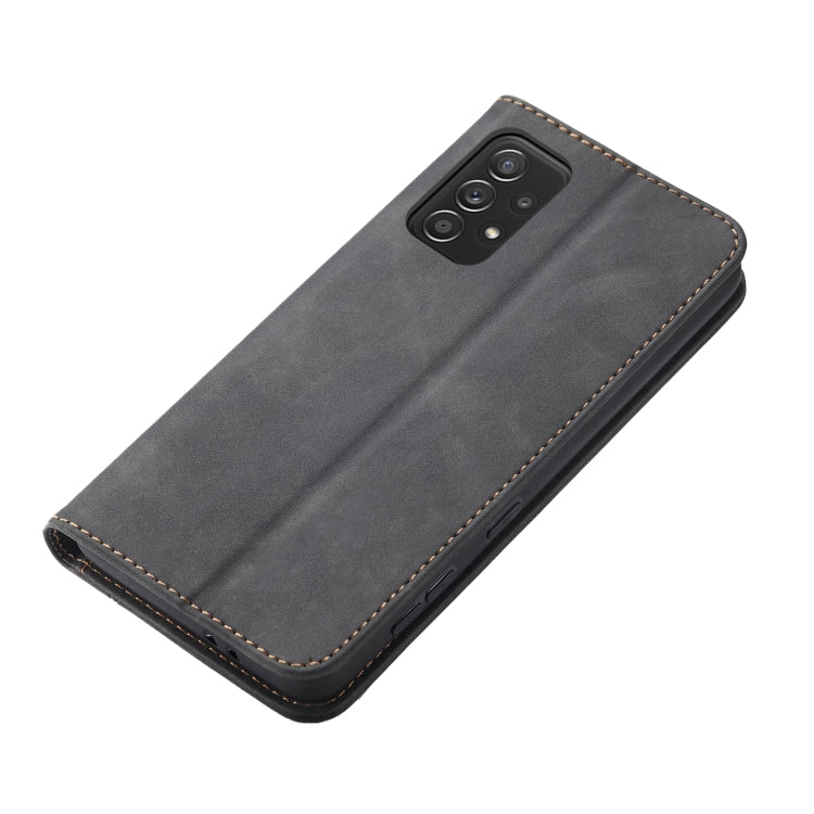 For Samsung Galaxy A52 Skin-feel Calfskin Texture Magnetic Dual-Fold Horizontal Flip Leather Case with Holder & Card Slots & Wallet