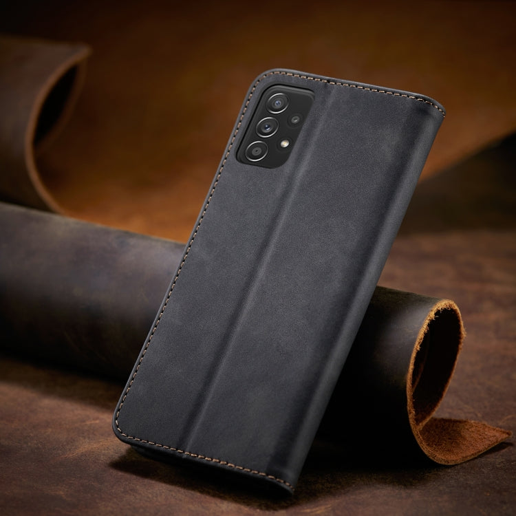 For Samsung Galaxy A52 Skin-feel Calfskin Texture Magnetic Dual-Fold Horizontal Flip Leather Case with Holder & Card Slots & Wallet