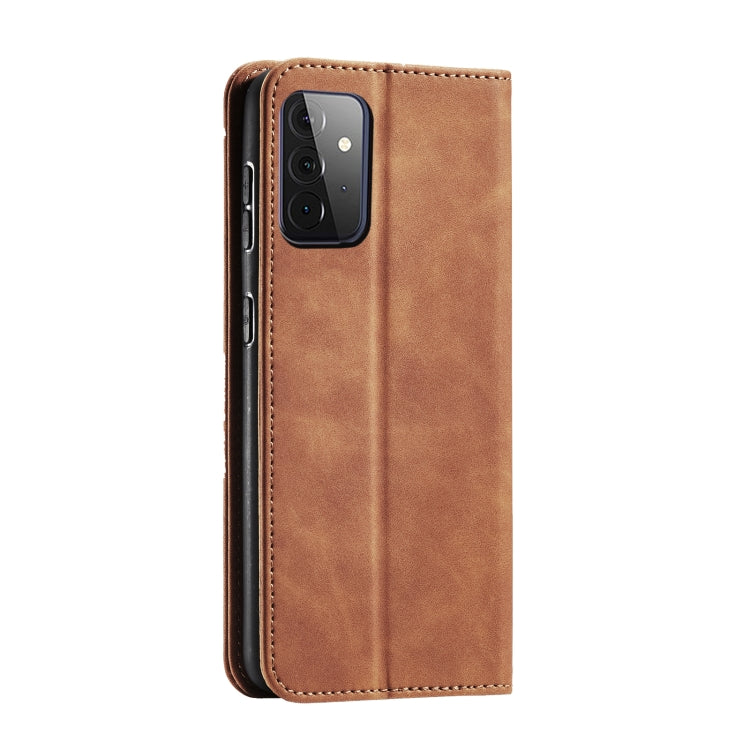 For Samsung Galaxy A72 Skin-feel Calfskin Texture Magnetic Dual-Fold Horizontal Flip Leather Case with Holder & Card Slots & Wallet