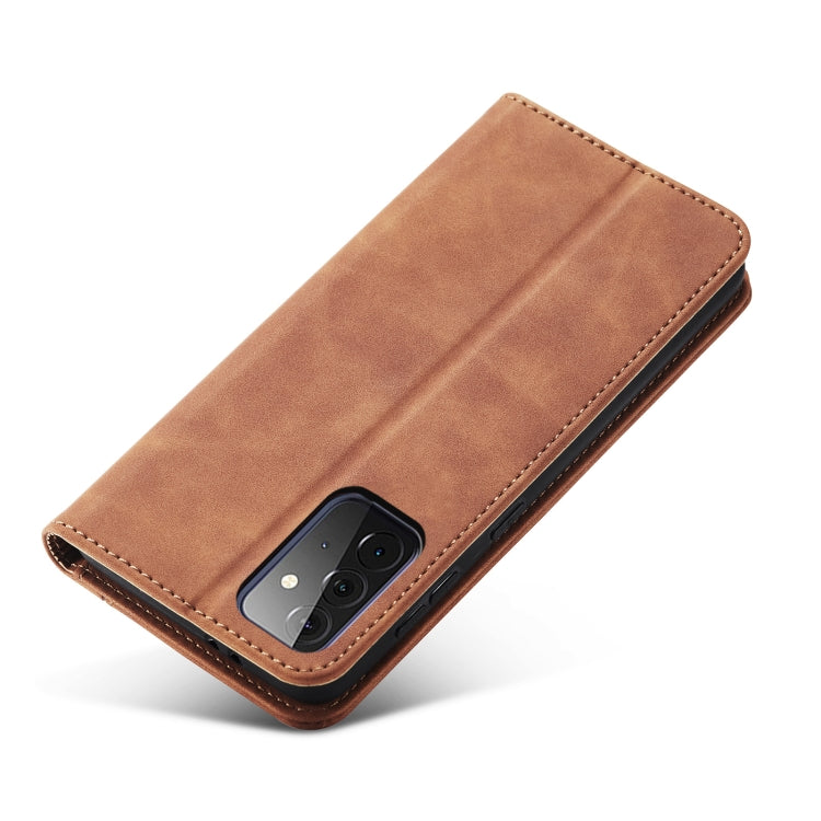 For Samsung Galaxy A72 Skin-feel Calfskin Texture Magnetic Dual-Fold Horizontal Flip Leather Case with Holder & Card Slots & Wallet
