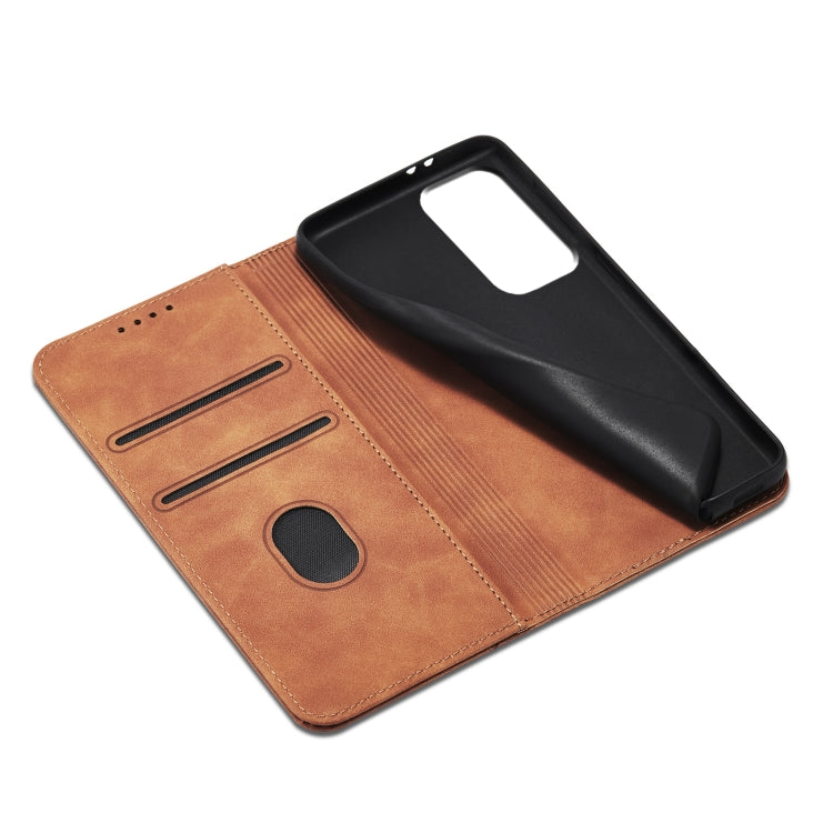 For Samsung Galaxy A72 Skin-feel Calfskin Texture Magnetic Dual-Fold Horizontal Flip Leather Case with Holder & Card Slots & Wallet