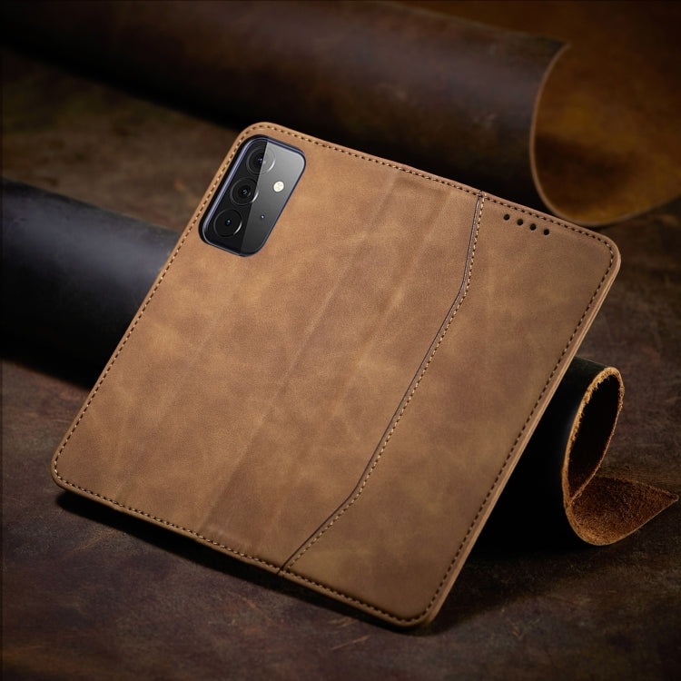 For Samsung Galaxy A72 Skin-feel Calfskin Texture Magnetic Dual-Fold Horizontal Flip Leather Case with Holder & Card Slots & Wallet