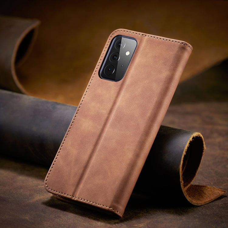 For Samsung Galaxy A72 Skin-feel Calfskin Texture Magnetic Dual-Fold Horizontal Flip Leather Case with Holder & Card Slots & Wallet