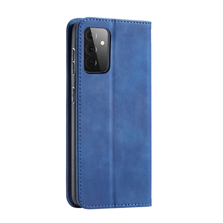For Samsung Galaxy A72 Skin-feel Calfskin Texture Magnetic Dual-Fold Horizontal Flip Leather Case with Holder & Card Slots & Wallet