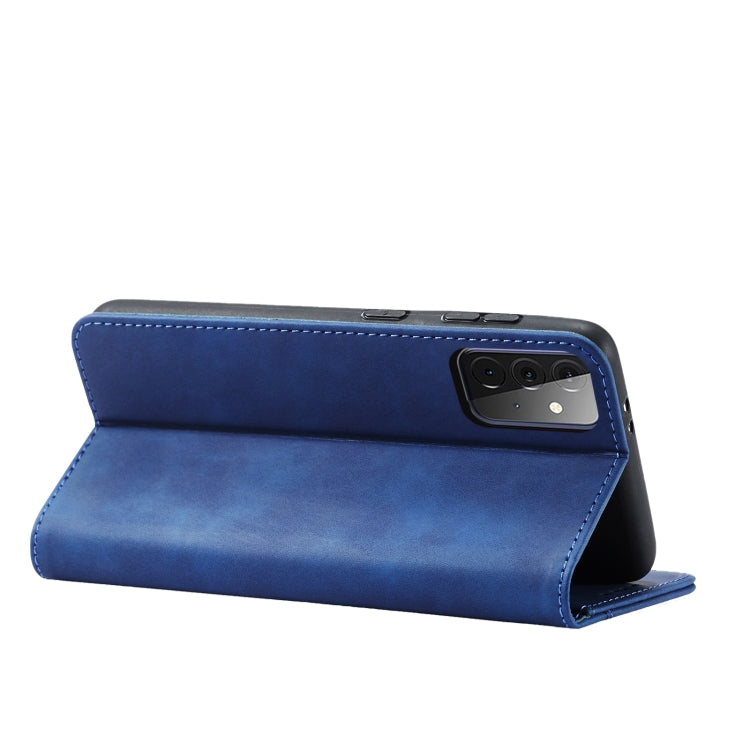 For Samsung Galaxy A72 Skin-feel Calfskin Texture Magnetic Dual-Fold Horizontal Flip Leather Case with Holder & Card Slots & Wallet