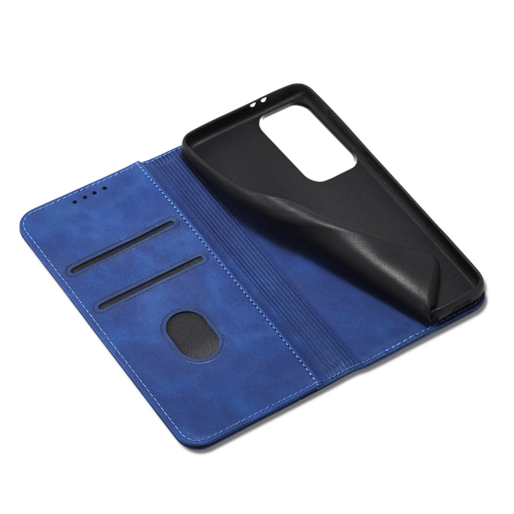 For Samsung Galaxy A72 Skin-feel Calfskin Texture Magnetic Dual-Fold Horizontal Flip Leather Case with Holder & Card Slots & Wallet