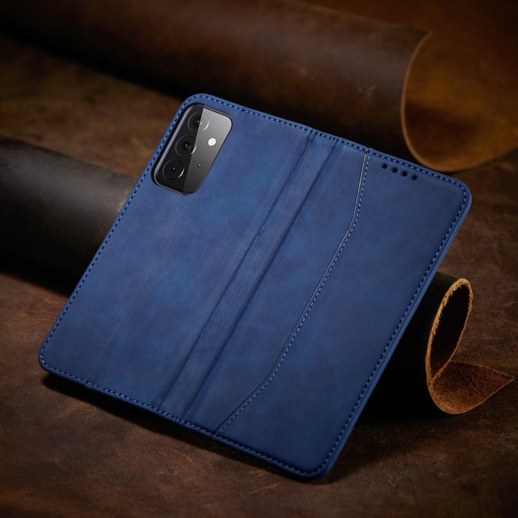For Samsung Galaxy A72 Skin-feel Calfskin Texture Magnetic Dual-Fold Horizontal Flip Leather Case with Holder & Card Slots & Wallet