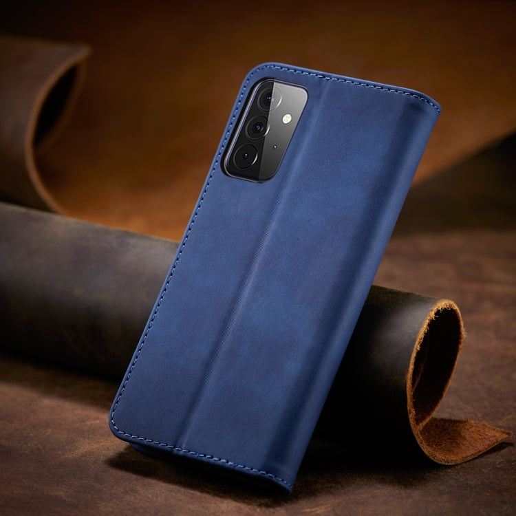 For Samsung Galaxy A72 Skin-feel Calfskin Texture Magnetic Dual-Fold Horizontal Flip Leather Case with Holder & Card Slots & Wallet