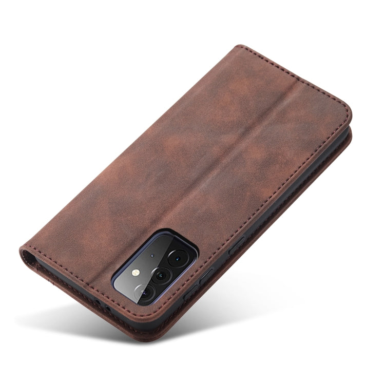 For Samsung Galaxy A72 Skin-feel Calfskin Texture Magnetic Dual-Fold Horizontal Flip Leather Case with Holder & Card Slots & Wallet