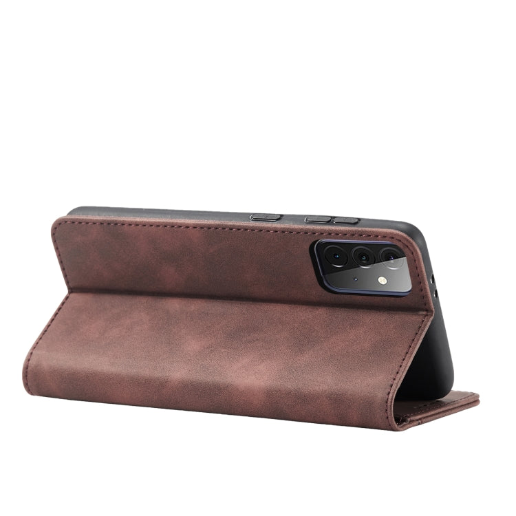 For Samsung Galaxy A72 Skin-feel Calfskin Texture Magnetic Dual-Fold Horizontal Flip Leather Case with Holder & Card Slots & Wallet