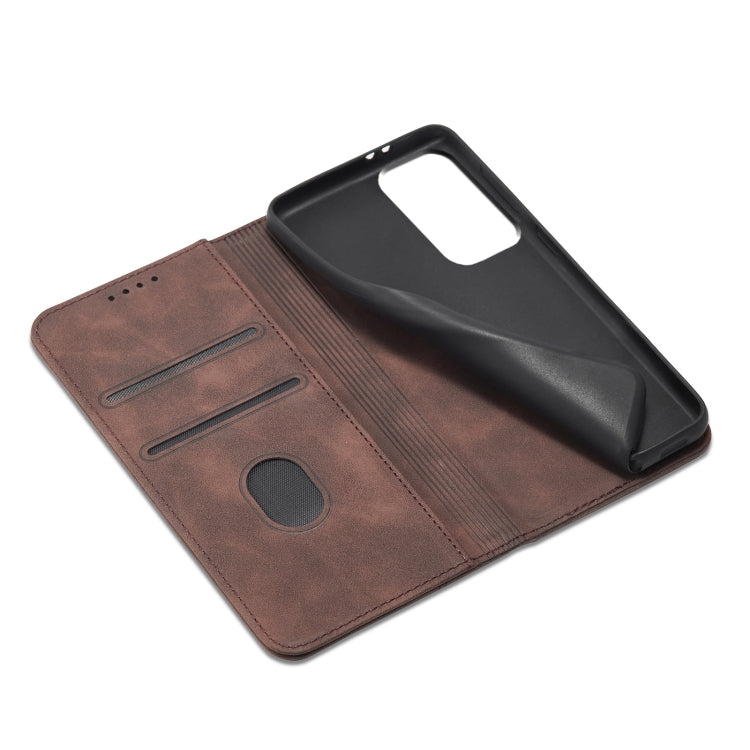 For Samsung Galaxy A72 Skin-feel Calfskin Texture Magnetic Dual-Fold Horizontal Flip Leather Case with Holder & Card Slots & Wallet