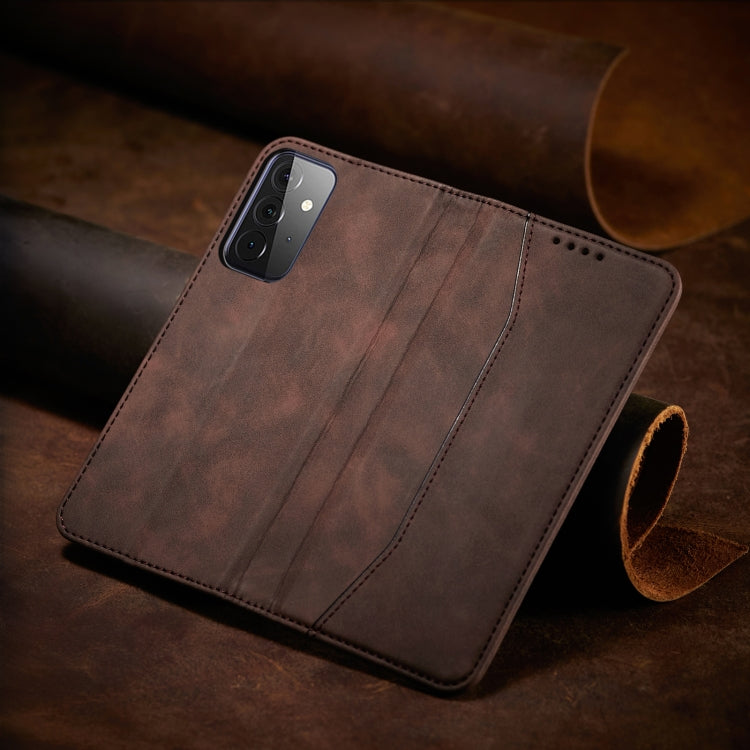 For Samsung Galaxy A72 Skin-feel Calfskin Texture Magnetic Dual-Fold Horizontal Flip Leather Case with Holder & Card Slots & Wallet
