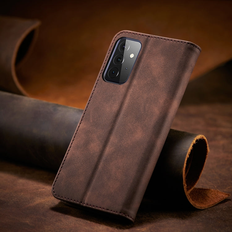 For Samsung Galaxy A72 Skin-feel Calfskin Texture Magnetic Dual-Fold Horizontal Flip Leather Case with Holder & Card Slots & Wallet