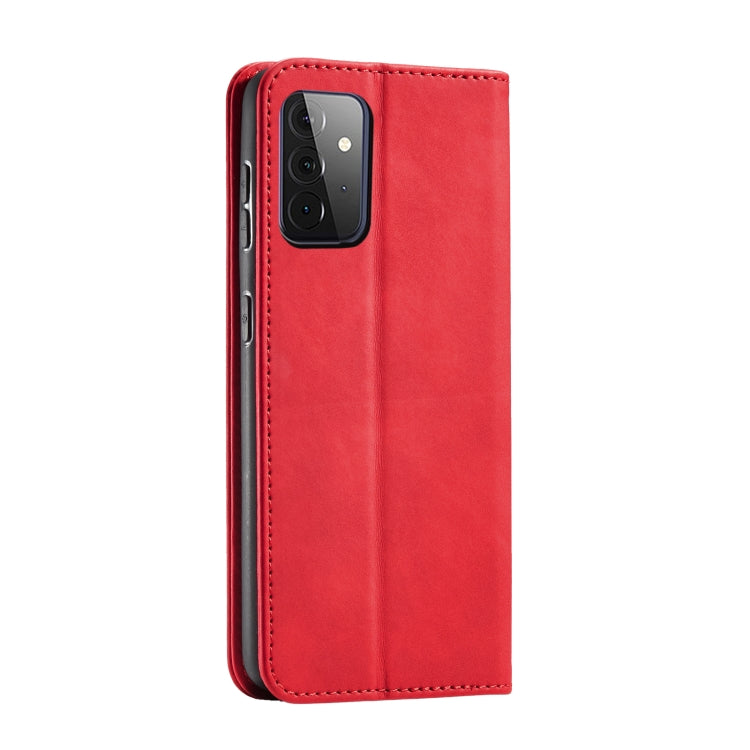 For Samsung Galaxy A72 Skin-feel Calfskin Texture Magnetic Dual-Fold Horizontal Flip Leather Case with Holder & Card Slots & Wallet