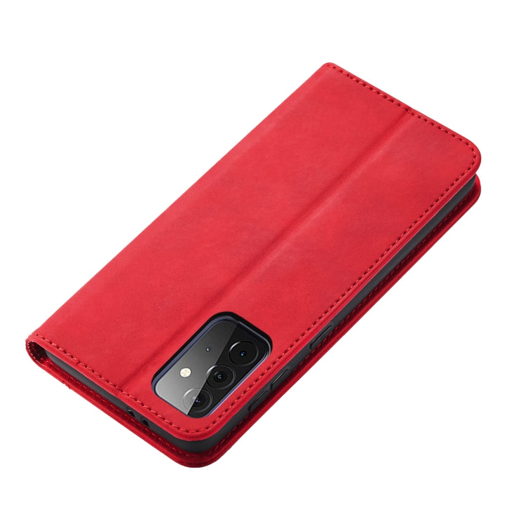 For Samsung Galaxy A72 Skin-feel Calfskin Texture Magnetic Dual-Fold Horizontal Flip Leather Case with Holder & Card Slots & Wallet