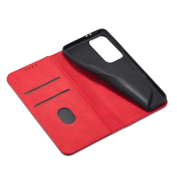 For Samsung Galaxy A72 Skin-feel Calfskin Texture Magnetic Dual-Fold Horizontal Flip Leather Case with Holder & Card Slots & Wallet