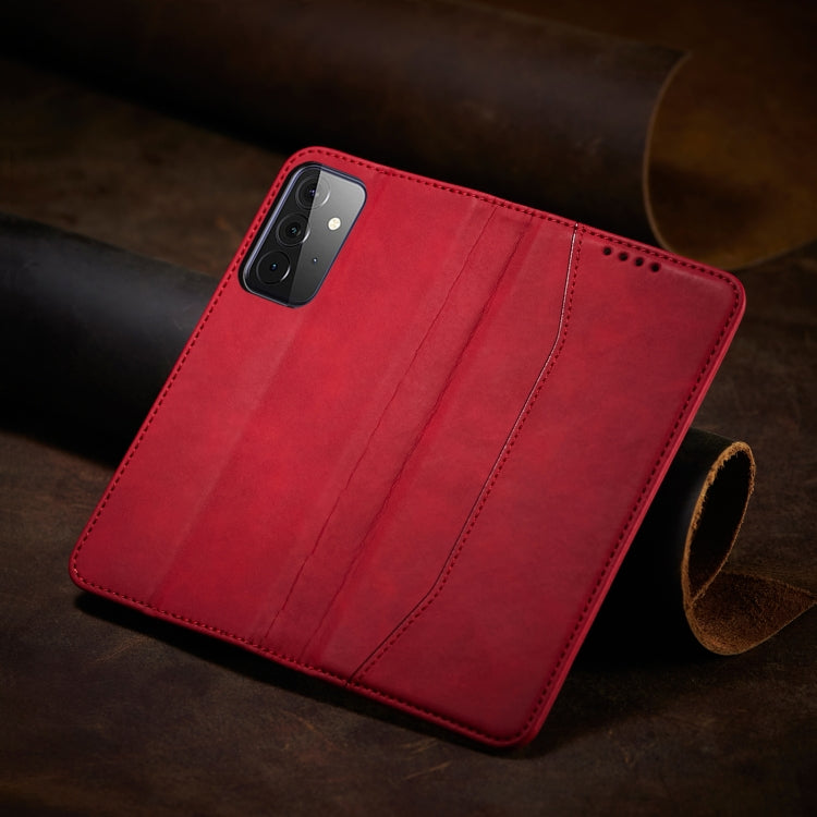 For Samsung Galaxy A72 Skin-feel Calfskin Texture Magnetic Dual-Fold Horizontal Flip Leather Case with Holder & Card Slots & Wallet