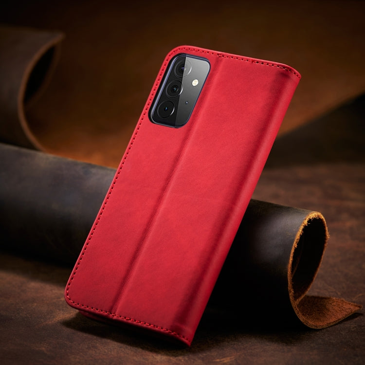 For Samsung Galaxy A72 Skin-feel Calfskin Texture Magnetic Dual-Fold Horizontal Flip Leather Case with Holder & Card Slots & Wallet