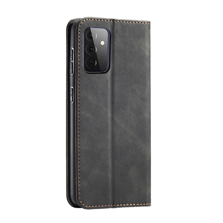 For Samsung Galaxy A72 Skin-feel Calfskin Texture Magnetic Dual-Fold Horizontal Flip Leather Case with Holder & Card Slots & Wallet