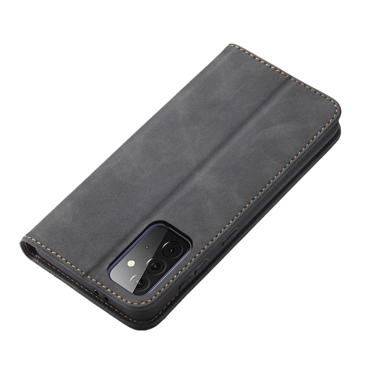 For Samsung Galaxy A72 Skin-feel Calfskin Texture Magnetic Dual-Fold Horizontal Flip Leather Case with Holder & Card Slots & Wallet