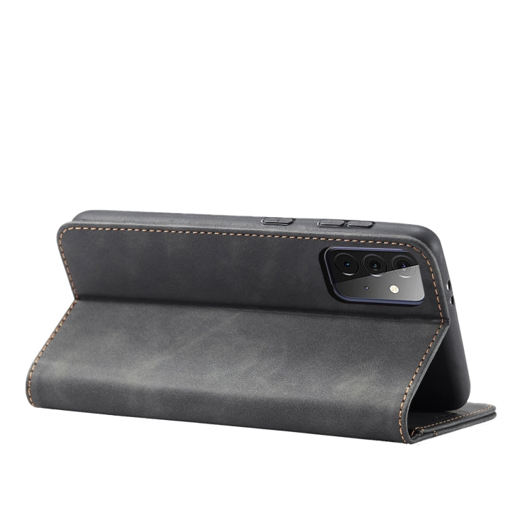 For Samsung Galaxy A72 Skin-feel Calfskin Texture Magnetic Dual-Fold Horizontal Flip Leather Case with Holder & Card Slots & Wallet