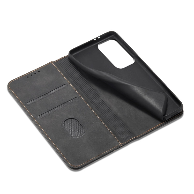 For Samsung Galaxy A72 Skin-feel Calfskin Texture Magnetic Dual-Fold Horizontal Flip Leather Case with Holder & Card Slots & Wallet