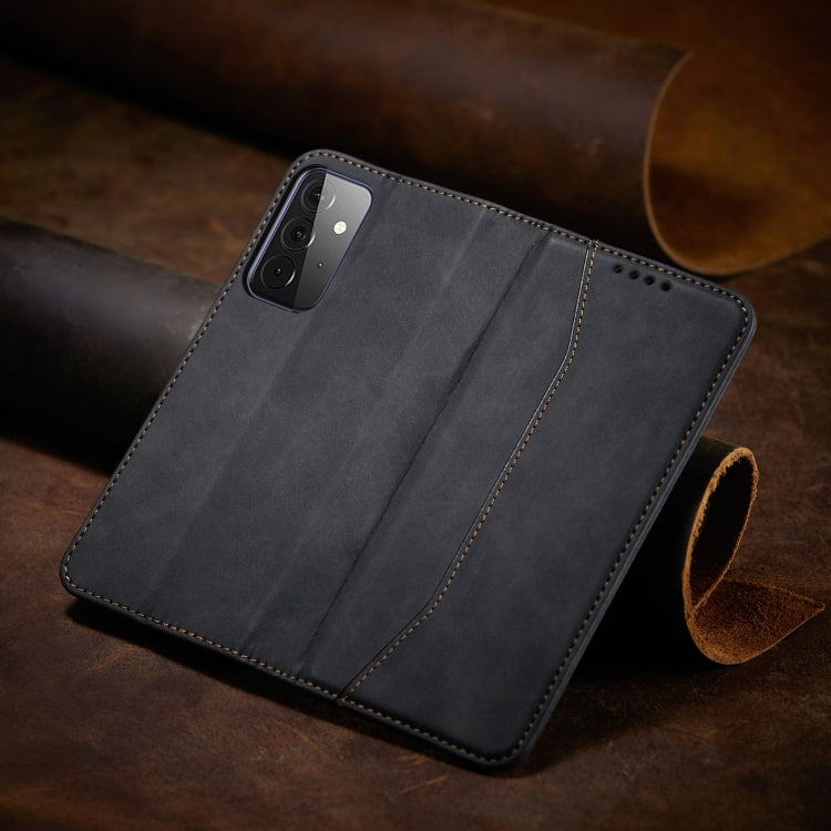 For Samsung Galaxy A72 Skin-feel Calfskin Texture Magnetic Dual-Fold Horizontal Flip Leather Case with Holder & Card Slots & Wallet