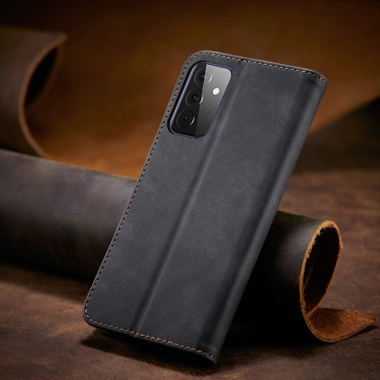 For Samsung Galaxy A72 Skin-feel Calfskin Texture Magnetic Dual-Fold Horizontal Flip Leather Case with Holder & Card Slots & Wallet