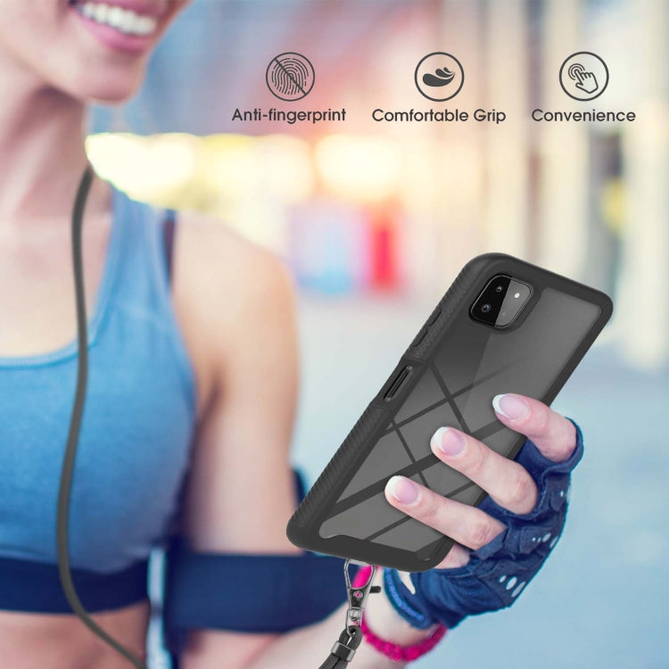 For Samsung Galaxy A22 5G Starry Sky Solid Color Series Shockproof PC + TPU Protective Case with Neck Strap