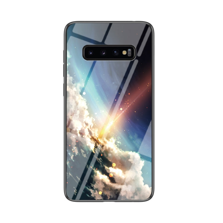 For Samsung Galaxy S10+ Starry Sky Painted Tempered Glass TPU Shockproof Protective Case