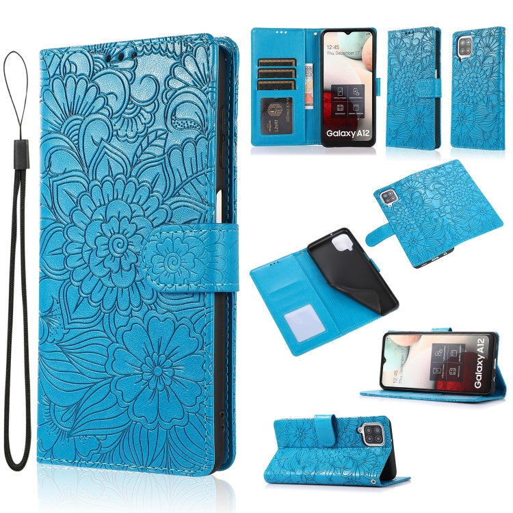 For Samsung Galaxy A12 Skin Feel Embossed Sunflower Horizontal Flip Leather Case with Holder & Card Slots & Wallet & Lanyard