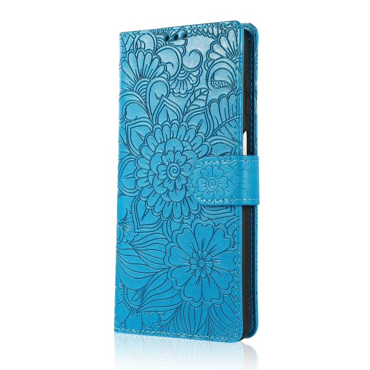 For Samsung Galaxy A12 Skin Feel Embossed Sunflower Horizontal Flip Leather Case with Holder & Card Slots & Wallet & Lanyard