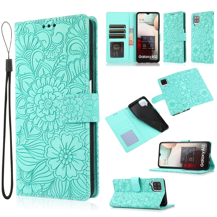 For Samsung Galaxy A12 Skin Feel Embossed Sunflower Horizontal Flip Leather Case with Holder & Card Slots & Wallet & Lanyard