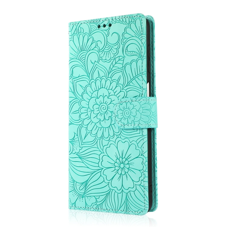 For Samsung Galaxy A12 Skin Feel Embossed Sunflower Horizontal Flip Leather Case with Holder & Card Slots & Wallet & Lanyard