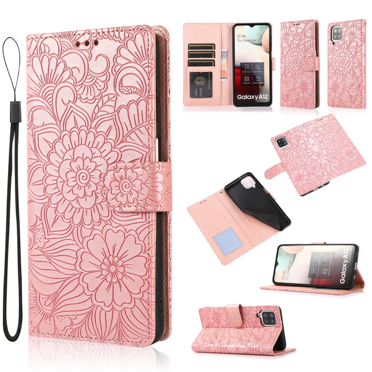 For Samsung Galaxy A12 Skin Feel Embossed Sunflower Horizontal Flip Leather Case with Holder & Card Slots & Wallet & Lanyard