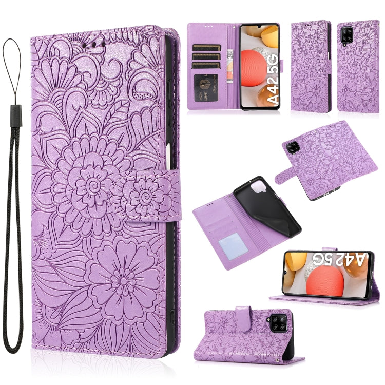 For Samsung Galaxy A42 5G Skin Feel Embossed Sunflower Horizontal Flip Leather Case with Holder & Card Slots & Wallet & Lanyard