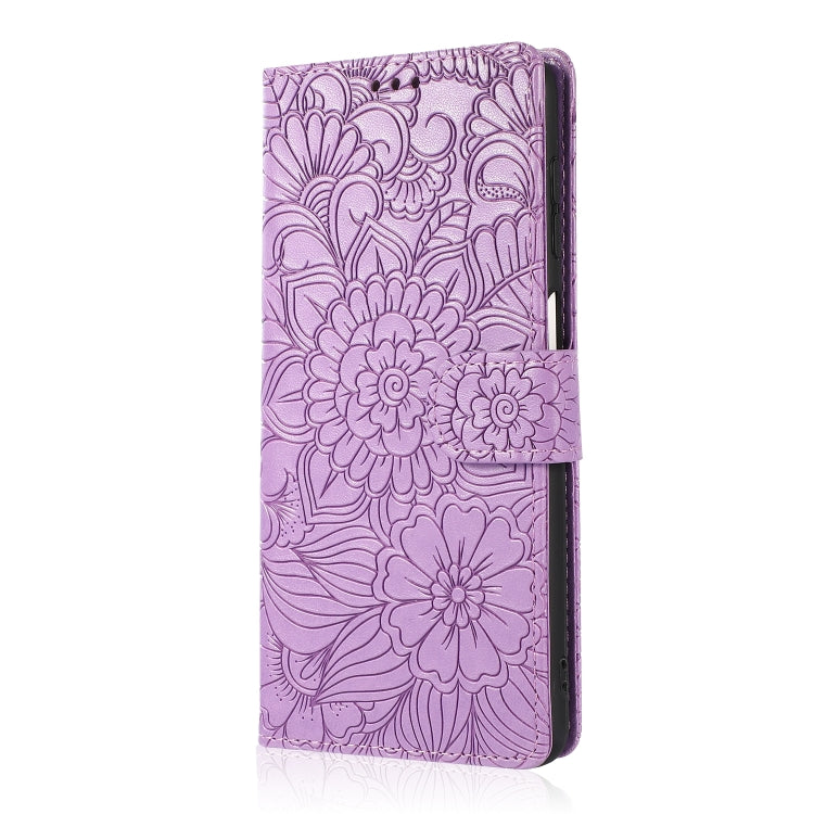 For Samsung Galaxy A42 5G Skin Feel Embossed Sunflower Horizontal Flip Leather Case with Holder & Card Slots & Wallet & Lanyard