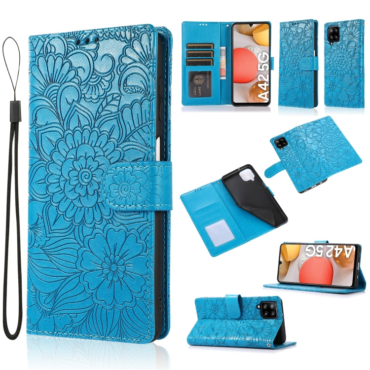 For Samsung Galaxy A42 5G Skin Feel Embossed Sunflower Horizontal Flip Leather Case with Holder & Card Slots & Wallet & Lanyard