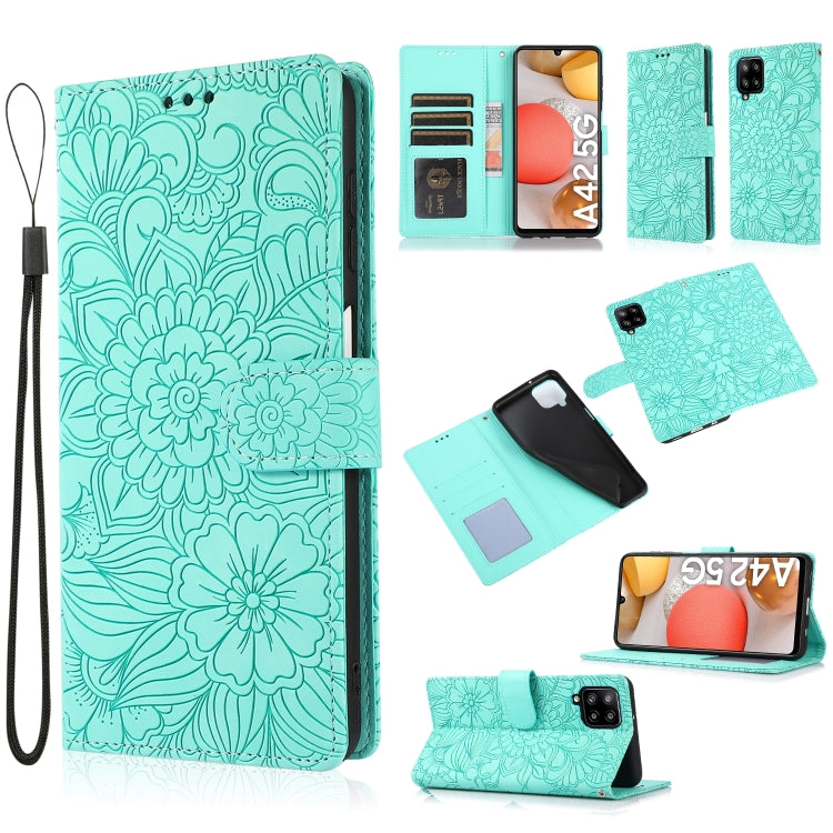 For Samsung Galaxy A42 5G Skin Feel Embossed Sunflower Horizontal Flip Leather Case with Holder & Card Slots & Wallet & Lanyard