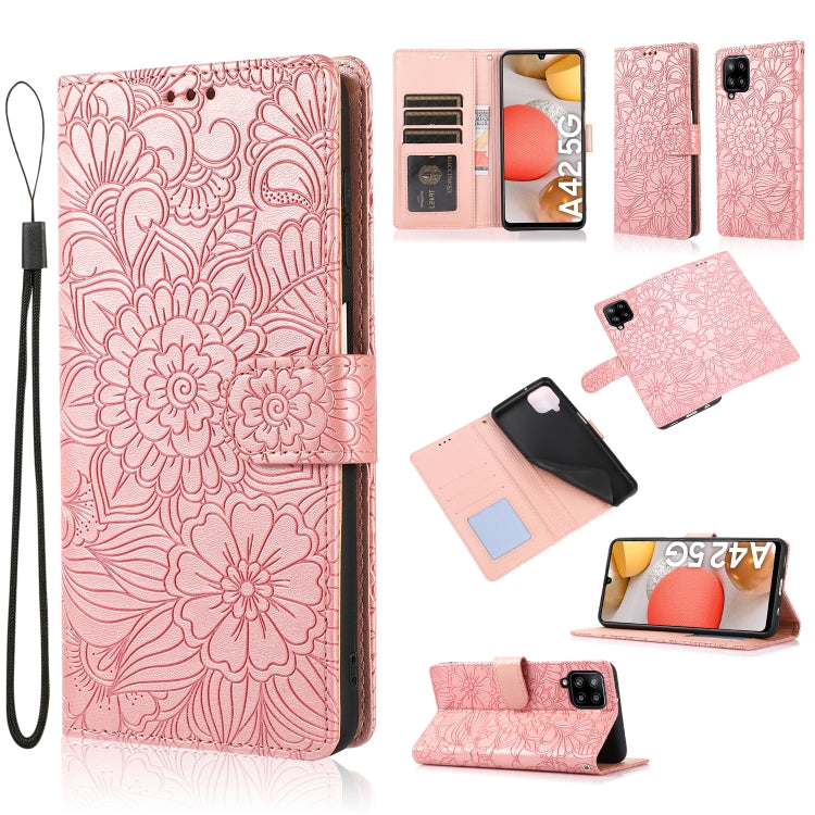 For Samsung Galaxy A42 5G Skin Feel Embossed Sunflower Horizontal Flip Leather Case with Holder & Card Slots & Wallet & Lanyard