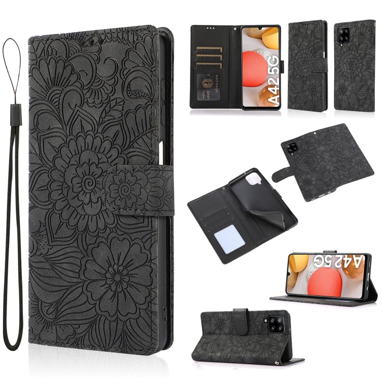 For Samsung Galaxy A42 5G Skin Feel Embossed Sunflower Horizontal Flip Leather Case with Holder & Card Slots & Wallet & Lanyard