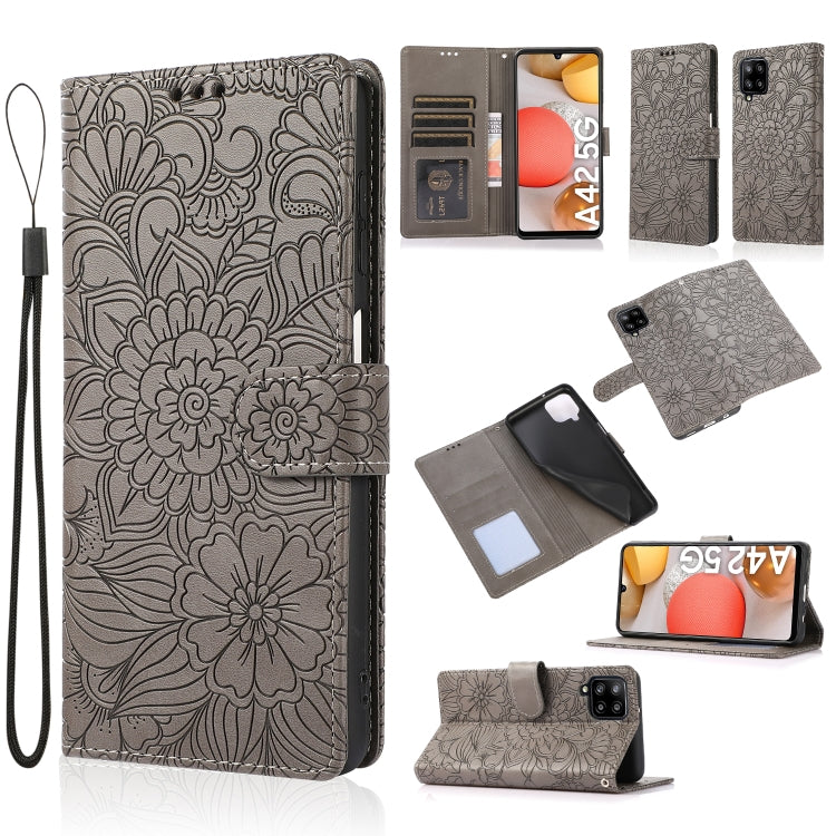 For Samsung Galaxy A42 5G Skin Feel Embossed Sunflower Horizontal Flip Leather Case with Holder & Card Slots & Wallet & Lanyard