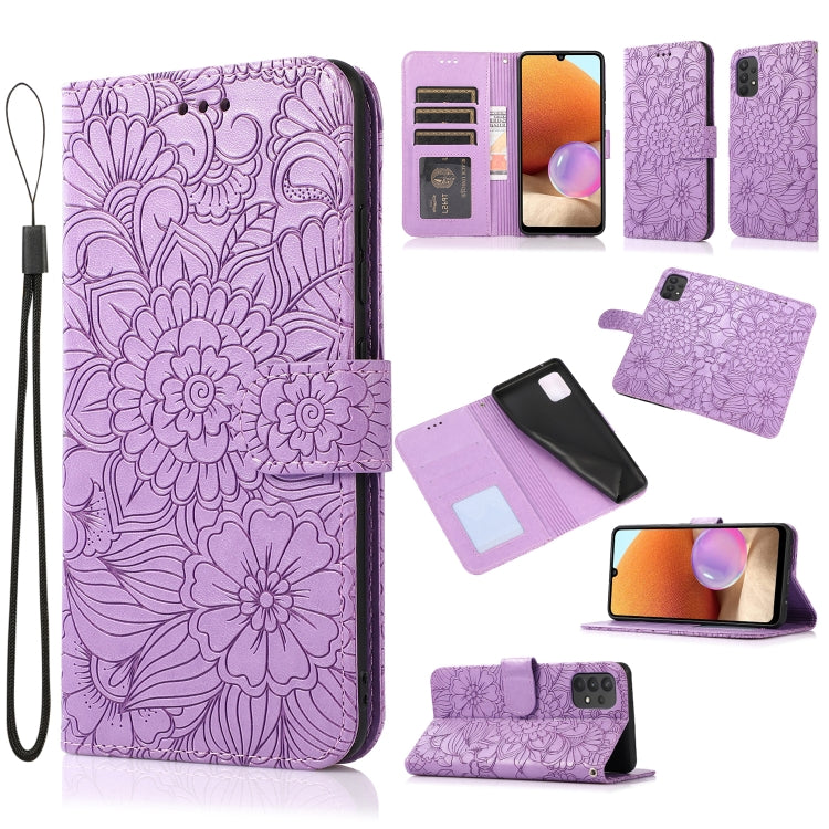 For Samsung Galaxy A32 4G Skin Feel Embossed Sunflower Horizontal Flip Leather Case with Holder & Card Slots & Wallet & Lanyard