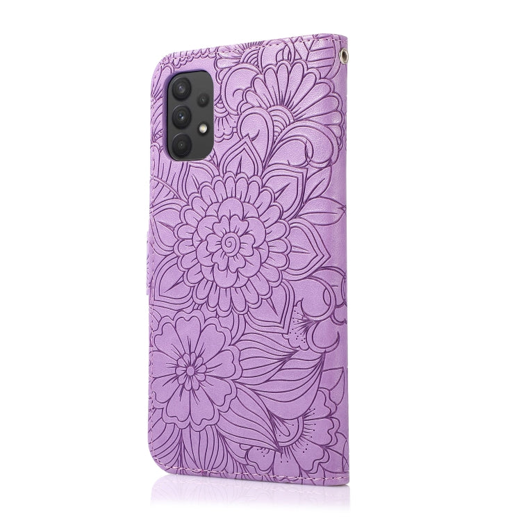 For Samsung Galaxy A32 4G Skin Feel Embossed Sunflower Horizontal Flip Leather Case with Holder & Card Slots & Wallet & Lanyard