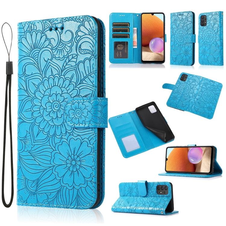 For Samsung Galaxy A32 4G Skin Feel Embossed Sunflower Horizontal Flip Leather Case with Holder & Card Slots & Wallet & Lanyard