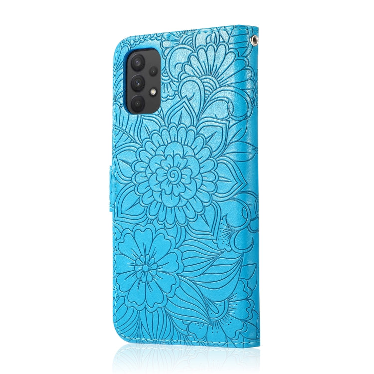 For Samsung Galaxy A32 4G Skin Feel Embossed Sunflower Horizontal Flip Leather Case with Holder & Card Slots & Wallet & Lanyard