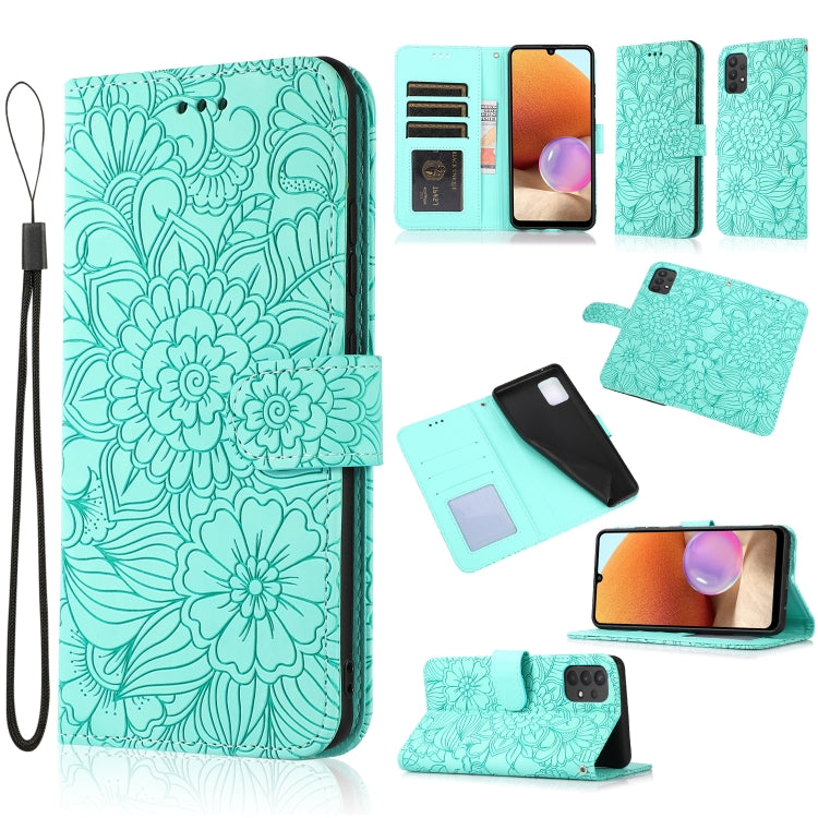 For Samsung Galaxy A32 4G Skin Feel Embossed Sunflower Horizontal Flip Leather Case with Holder & Card Slots & Wallet & Lanyard